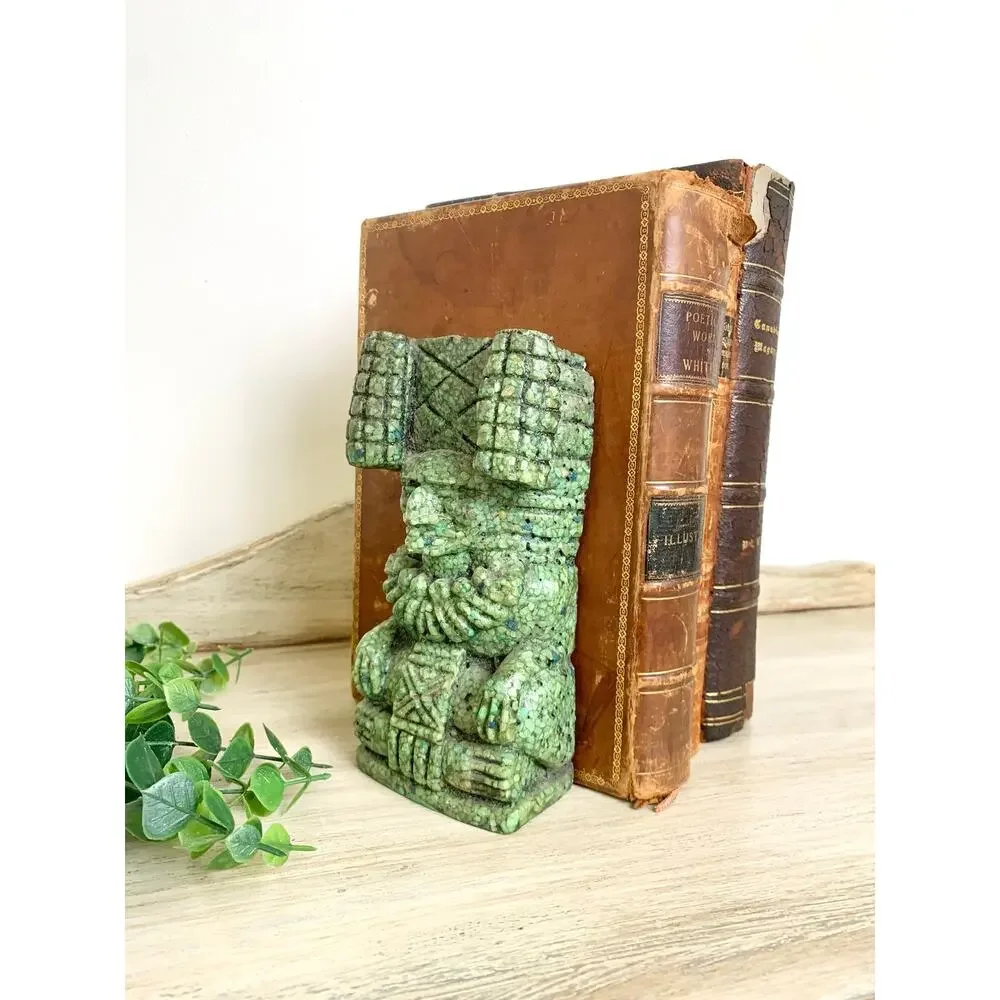 Vintage Mexican Crushed Malachite Aztec Style Figural Bookends Southwestern